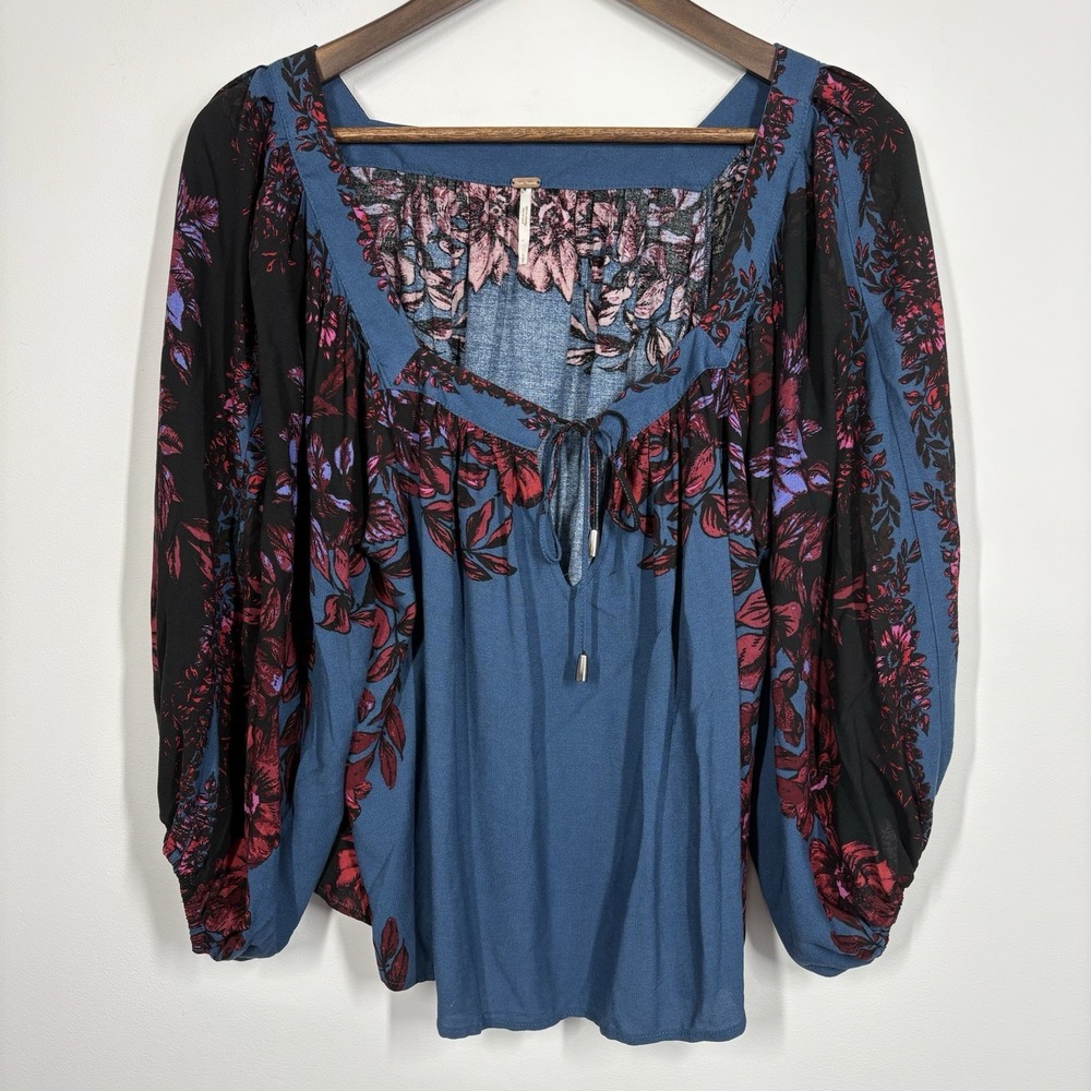 Free People Womens Wild Memories Peasant Top Size S Dark Turquoise Boho Gypsy